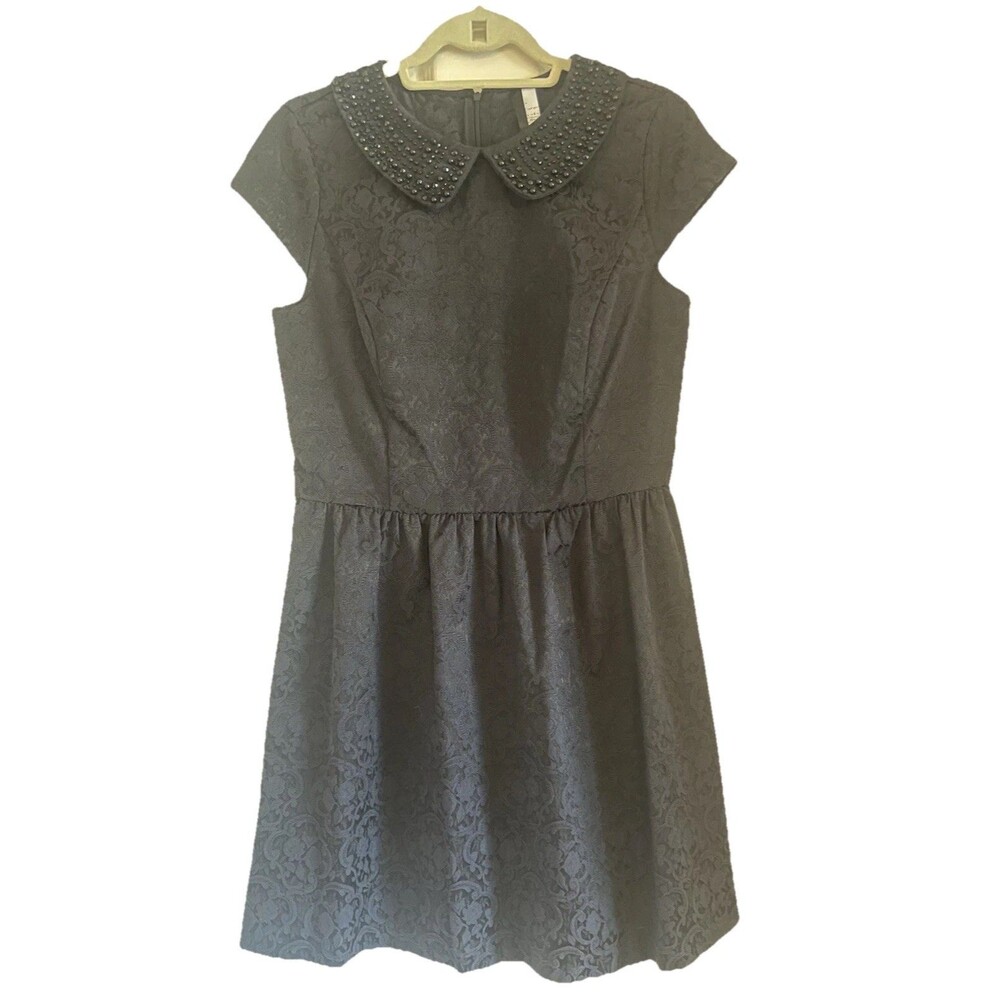 Kensie Black Brocade Dress M Beaded Peter Pan Collar Cap Sleeve Cocktail Mini